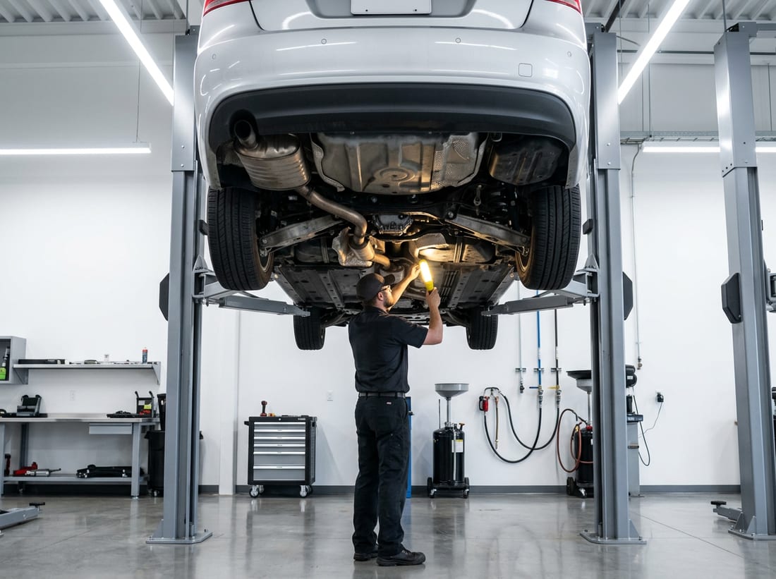 Auto nosturilla alustan tarkastuksessa